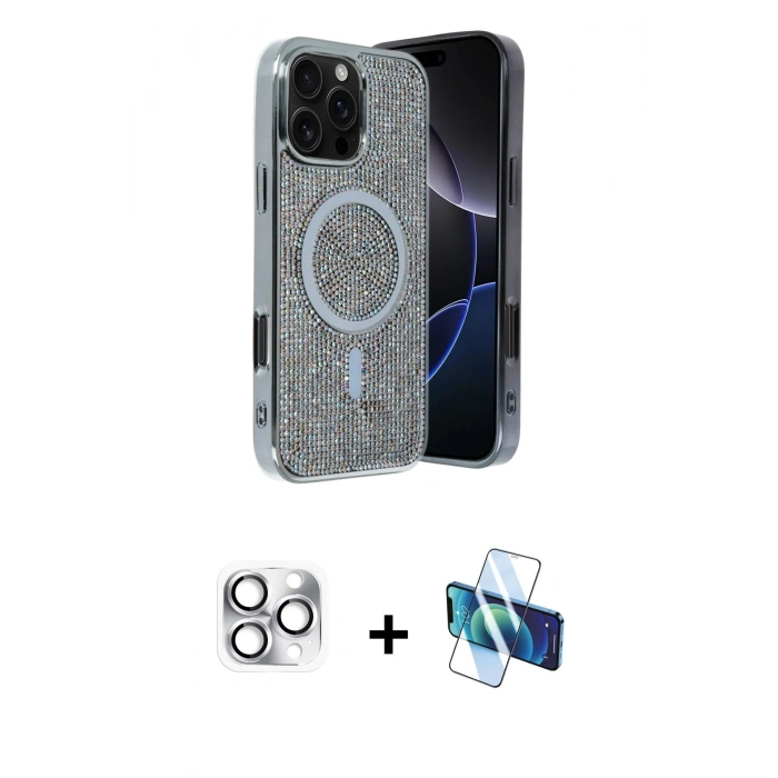 MARSİLYAN™- iPhone 16 Pro Max Kılıf Eksen Çizgi - Siyah 3D Antistatik Cam Ekran Koruyucu + Pers Alüminyum Kamera Lens - GS