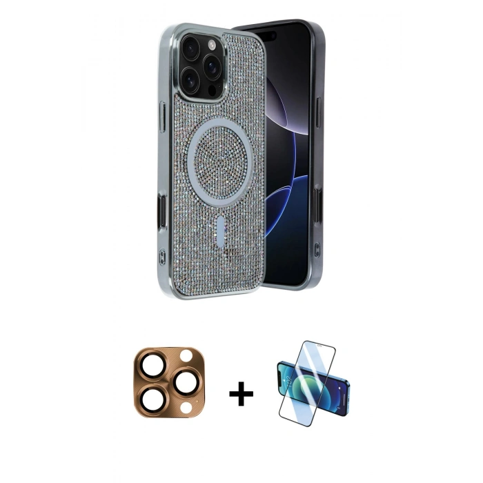 MARSİLYAN™- iPhone 16 Pro Max Kılıf Eksen Çizgi - Siyah 3D Antistatik Cam Ekran Koruyucu + Pers Alüminyum Kamera Lens - CLTM