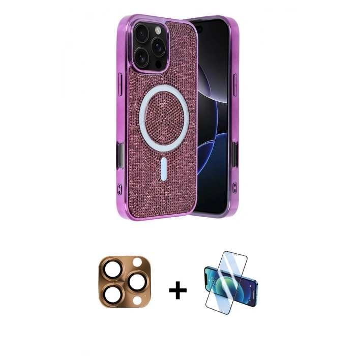 MARSİLYAN™- iPhone 16 Pro Max Kılıf Eksen Çizgi - Siyah 3D Antistatik Cam Ekran Koruyucu + Pers Alüminyum Kamera Lens - CLTM