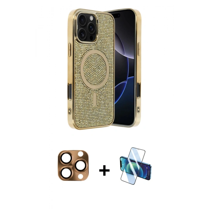 MARSİLYAN™- iPhone 16 Pro Max Kılıf Eksen Çizgi - Siyah 3D Antistatik Cam Ekran Koruyucu + Pers Alüminyum Kamera Lens - CLTM