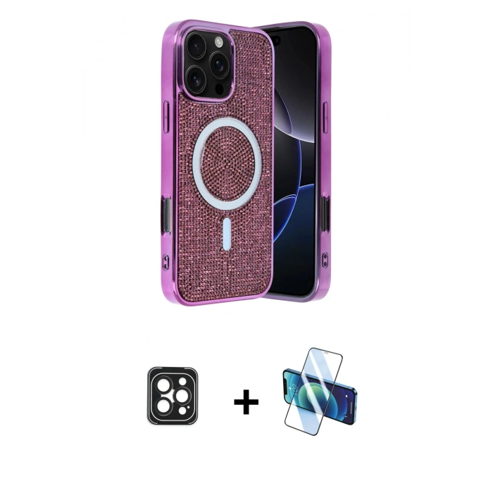 MARSİLYAN™- iPhone 16 Pro Max Kılıf Eksen Çizgi - Siyah 3D Antistatik Cam Ekran Koruyucu + PVD Metal Kamera Lens - SH