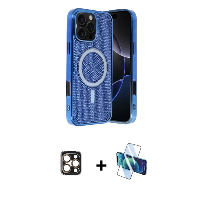 MARSİLYAN™- iPhone 16 Pro Max Kılıf Eksen Çizgi - Siyah 3D Antistatik Cam Ekran Koruyucu + PVD Metal Kamera Lens - GD