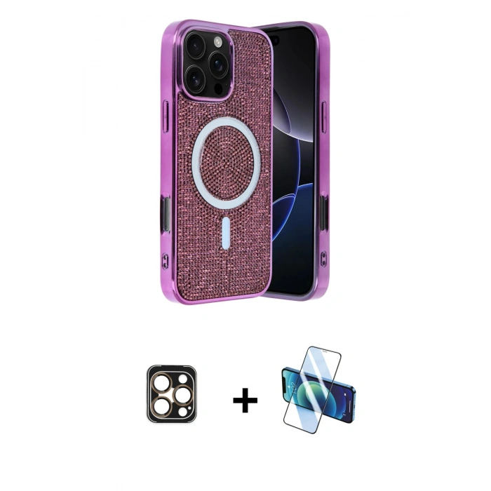 MARSİLYAN™- iPhone 16 Pro Max Kılıf Eksen Çizgi - Siyah 3D Antistatik Cam Ekran Koruyucu + PVD Metal Kamera Lens - GD