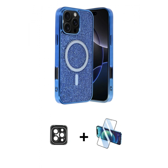 MARSİLYAN™- iPhone 16 Pro Max Kılıf Eksen Çizgi - Siyah 3D Antistatik Cam Ekran Koruyucu + PVD Metal Kamera Lens - SH