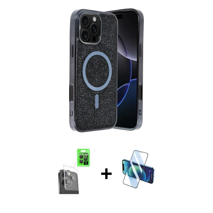 MARSİLYAN™- iPhone 16 Pro Max Kılıf Eksen Çizgi - Siyah 3D Antistatik Cam Ekran Koruyucu + Raze Metal Kamera Lens - SH