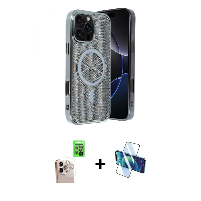 MARSİLYAN™- iPhone 16 Pro Max Kılıf Eksen Çizgi - Siyah 3D Antistatik Cam Ekran Koruyucu + Raze Metal Kamera Lens - NLGY