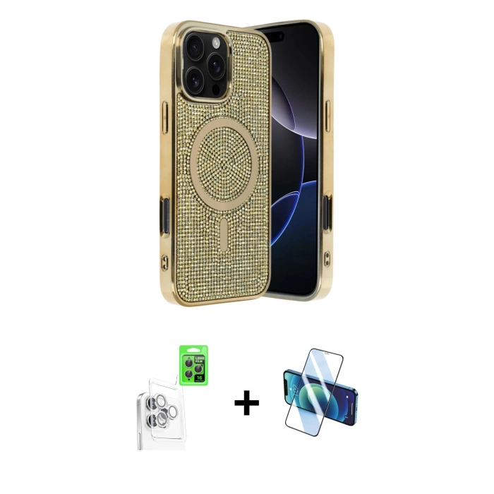 MARSİLYAN™- iPhone 16 Pro Max Kılıf Eksen Çizgi - Siyah 3D Antistatik Cam Ekran Koruyucu + Raze Metal Kamera Lens - BZ
