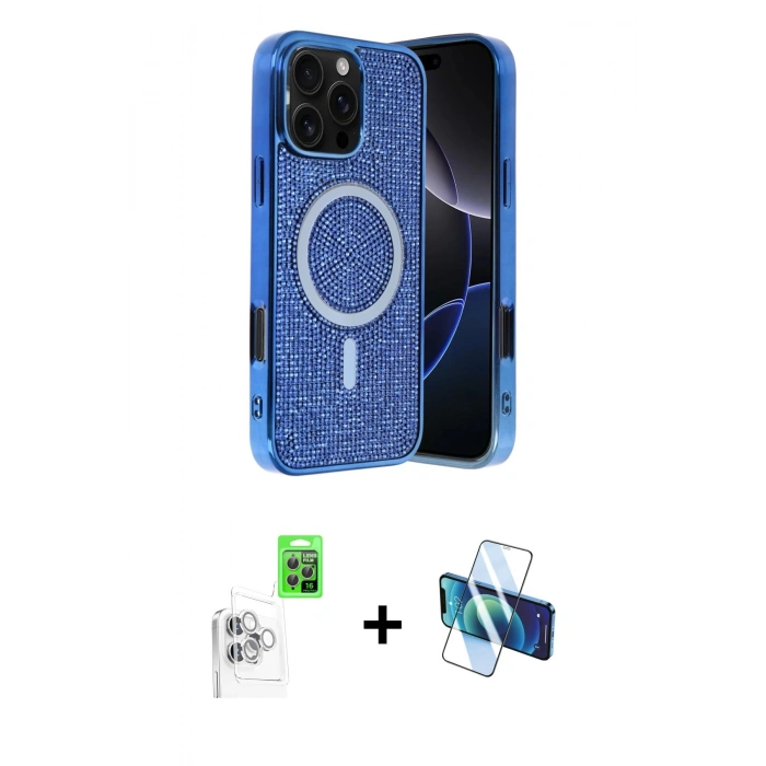MARSİLYAN™- iPhone 16 Pro Max Kılıf Eksen Çizgi - Siyah 3D Antistatik Cam Ekran Koruyucu + Raze Metal Kamera Lens - BZ