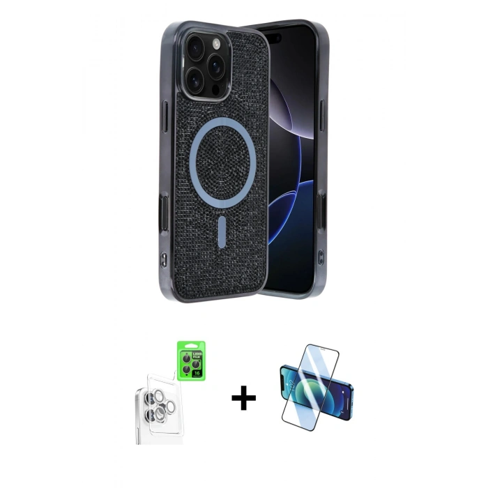 MARSİLYAN™- iPhone 16 Pro Max Kılıf Eksen Çizgi - Siyah 3D Antistatik Cam Ekran Koruyucu + Raze Metal Kamera Lens - BZ