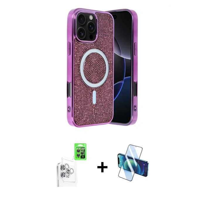 MARSİLYAN™- iPhone 16 Pro Max Kılıf Eksen Çizgi - Siyah 3D Antistatik Cam Ekran Koruyucu + Raze Metal Kamera Lens - BZ