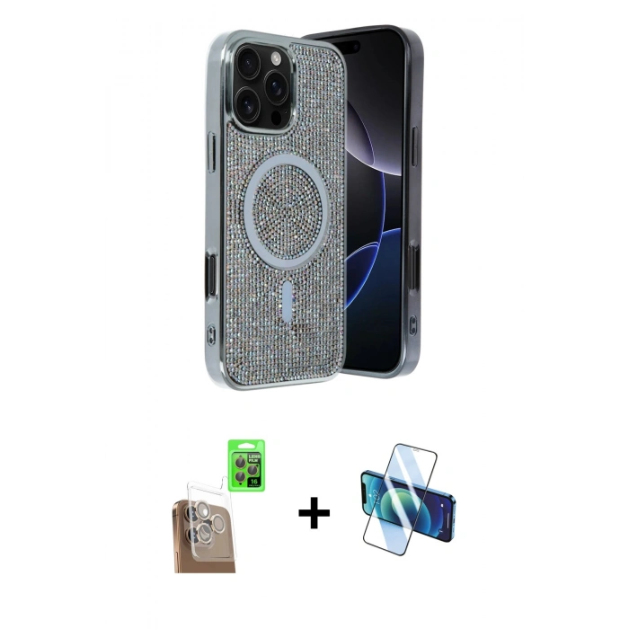 MARSİLYAN™- iPhone 16 Pro Max Kılıf Eksen Çizgi - Siyah 3D Antistatik Cam Ekran Koruyucu + Raze Metal Kamera Lens - CLTM