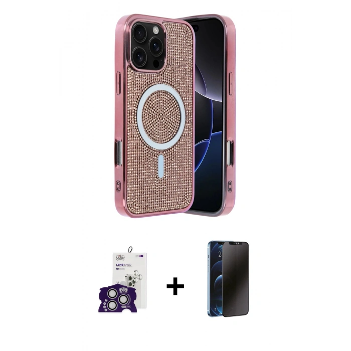 MARSİLYAN™- iPhone 16 Pro Max Kılıf Eksen Çizgi - Siyah 3D Antistatik Hayalet Cam Ekran Koruyucu + Bilvis Titan Kamera Lens - GS