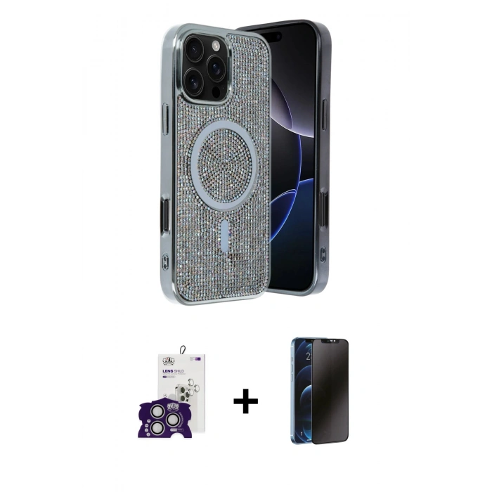 MARSİLYAN™- iPhone 16 Pro Max Kılıf Eksen Çizgi - Siyah 3D Antistatik Hayalet Cam Ekran Koruyucu + Bilvis Titan Kamera Lens - GS