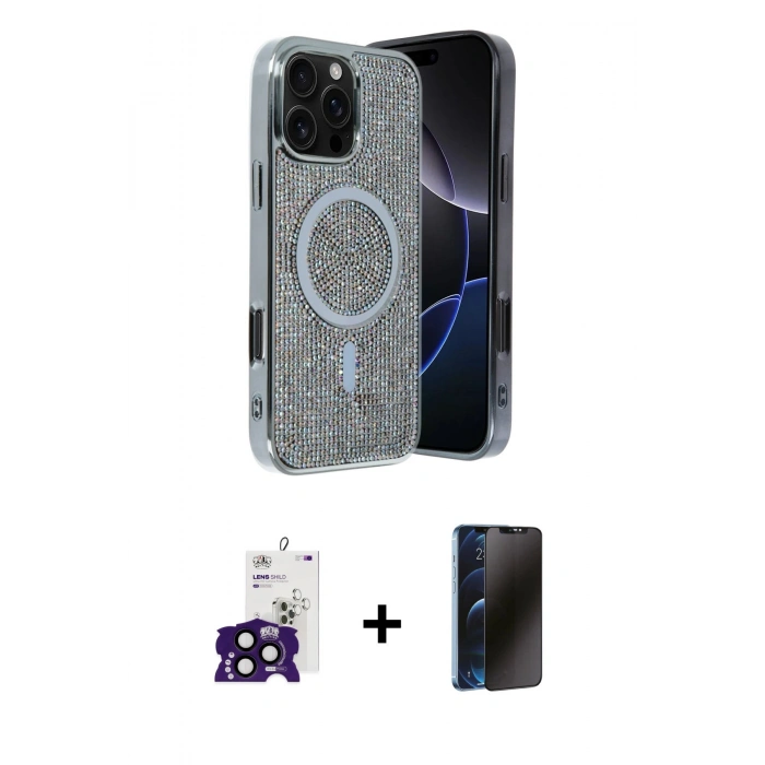 MARSİLYAN™- iPhone 16 Pro Max Kılıf Eksen Çizgi - Siyah 3D Antistatik Hayalet Cam Ekran Koruyucu + Bilvis Titan Kamera Lens - SH