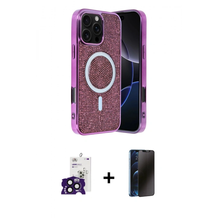 MARSİLYAN™- iPhone 16 Pro Max Kılıf Eksen Çizgi - Siyah 3D Antistatik Hayalet Cam Ekran Koruyucu + Bilvis Titan Kamera Lens - SH