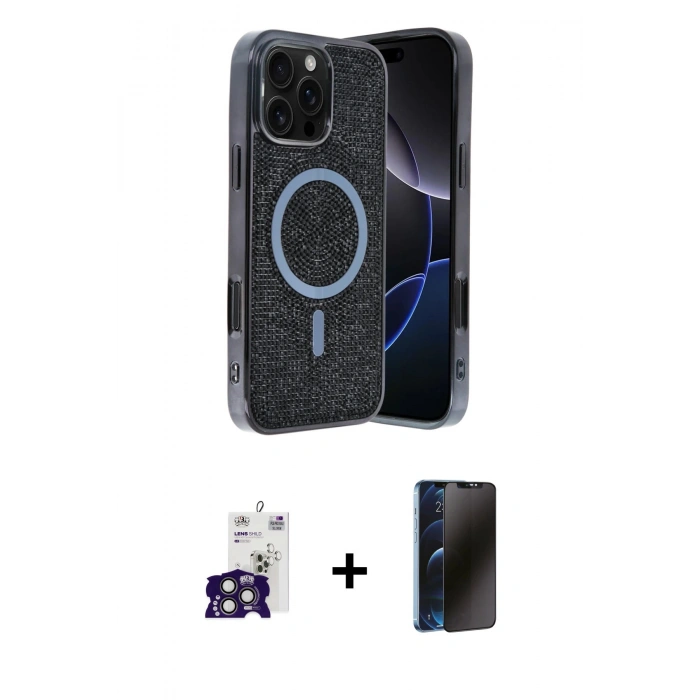 MARSİLYAN™- iPhone 16 Pro Max Kılıf Eksen Çizgi - Siyah 3D Antistatik Hayalet Cam Ekran Koruyucu + Bilvis Titan Kamera Lens - TMGI