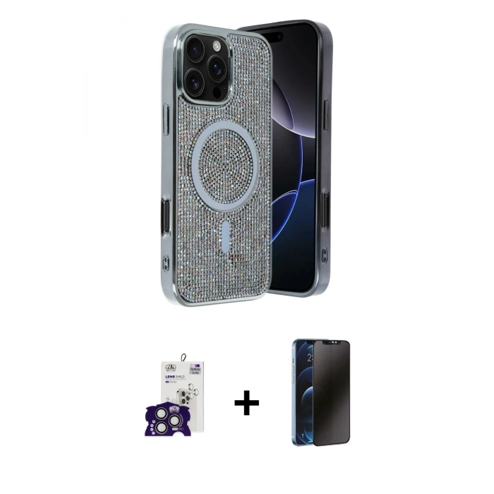 MARSİLYAN™- iPhone 16 Pro Max Kılıf Eksen Çizgi - Siyah 3D Antistatik Hayalet Cam Ekran Koruyucu + Bilvis Titan Kamera Lens - TMGI