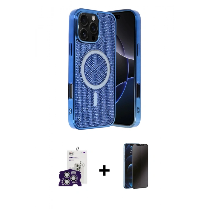 MARSİLYAN™- iPhone 16 Pro Max Kılıf Eksen Çizgi - Siyah 3D Antistatik Hayalet Cam Ekran Koruyucu + Bilvis Titan Kamera Lens - GS