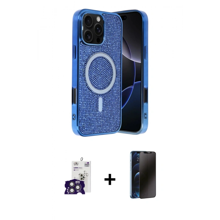 MARSİLYAN™- iPhone 16 Pro Max Kılıf Eksen Çizgi - Siyah 3D Antistatik Hayalet Cam Ekran Koruyucu + Bilvis Titan Kamera Lens - TMGI