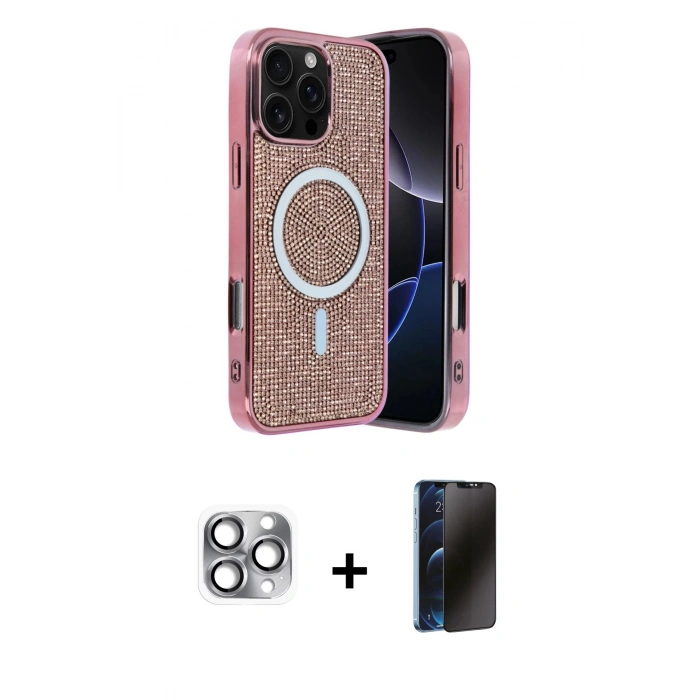 MARSİLYAN™- iPhone 16 Pro Max Kılıf Eksen Çizgi - Siyah 3D Antistatik Hayalet Cam Ekran Koruyucu + Pers Alüminyum Kamera Lens - GI