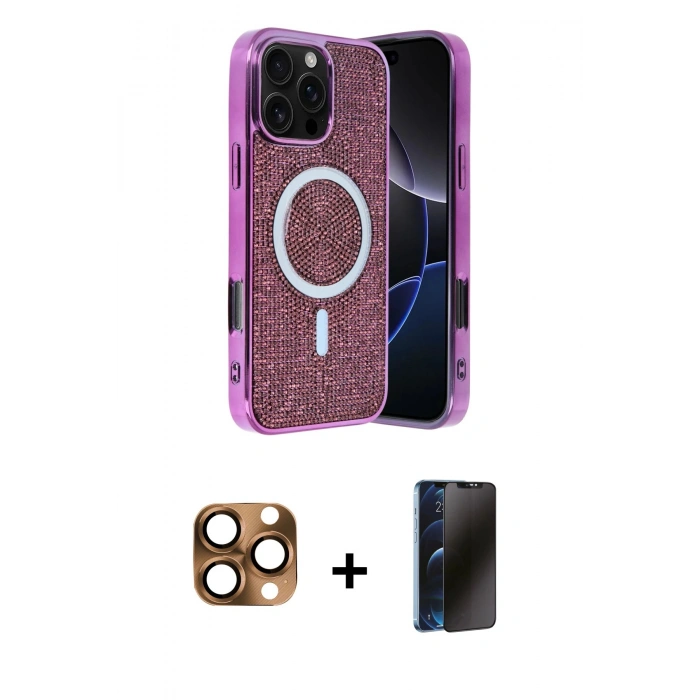 MARSİLYAN™- iPhone 16 Pro Max Kılıf Eksen Çizgi - Siyah 3D Antistatik Hayalet Cam Ekran Koruyucu + Pers Alüminyum Kamera Lens - CLTM
