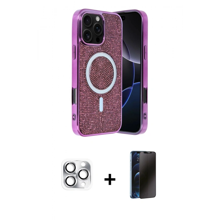 MARSİLYAN™- iPhone 16 Pro Max Kılıf Eksen Çizgi - Siyah 3D Antistatik Hayalet Cam Ekran Koruyucu + Pers Alüminyum Kamera Lens - GS