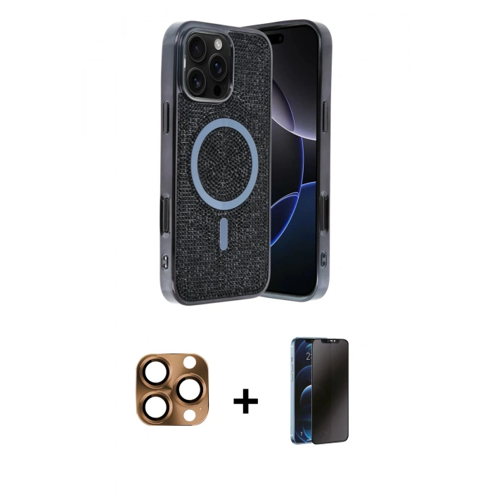 MARSİLYAN™- iPhone 16 Pro Max Kılıf Eksen Çizgi - Siyah 3D Antistatik Hayalet Cam Ekran Koruyucu + Pers Alüminyum Kamera Lens - CLTM