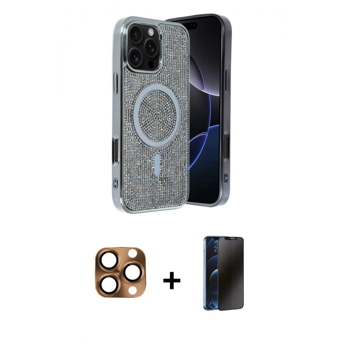 MARSİLYAN™- iPhone 16 Pro Max Kılıf Eksen Çizgi - Siyah 3D Antistatik Hayalet Cam Ekran Koruyucu + Pers Alüminyum Kamera Lens - CLTM