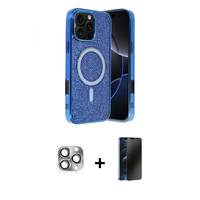 MARSİLYAN™- iPhone 16 Pro Max Kılıf Eksen Çizgi - Siyah 3D Antistatik Hayalet Cam Ekran Koruyucu + Pers Alüminyum Kamera Lens - GI
