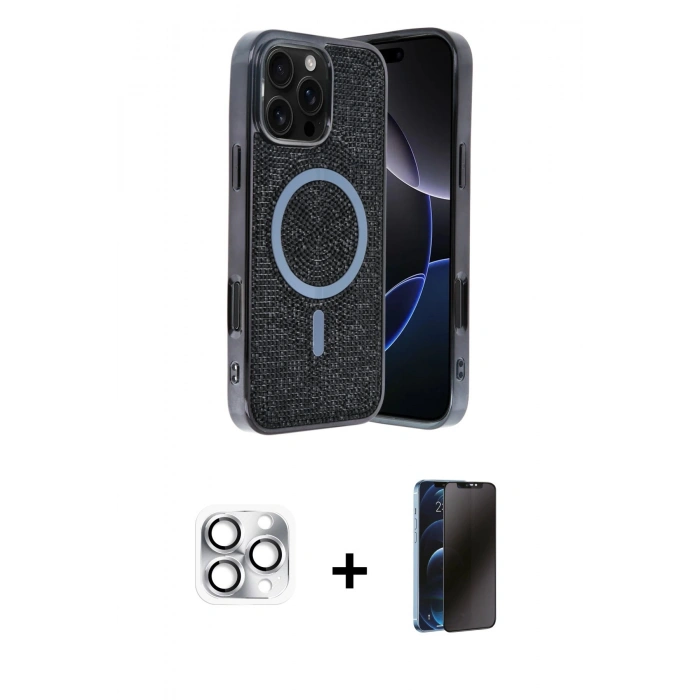 MARSİLYAN™- iPhone 16 Pro Max Kılıf Eksen Çizgi - Siyah 3D Antistatik Hayalet Cam Ekran Koruyucu + Pers Alüminyum Kamera Lens - GS