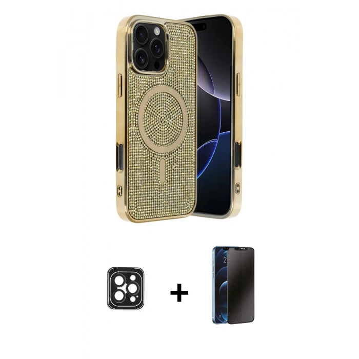 MARSİLYAN™- iPhone 16 Pro Max Kılıf Eksen Çizgi - Siyah 3D Antistatik Hayalet Cam Ekran Koruyucu + PVD Metal Kamera Lens - SH