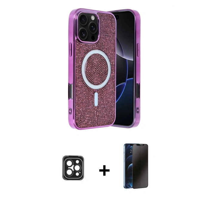 MARSİLYAN™- iPhone 16 Pro Max Kılıf Eksen Çizgi - Siyah 3D Antistatik Hayalet Cam Ekran Koruyucu + PVD Metal Kamera Lens - SH