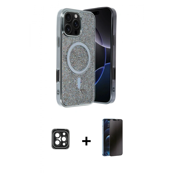 MARSİLYAN™- iPhone 16 Pro Max Kılıf Eksen Çizgi - Siyah 3D Antistatik Hayalet Cam Ekran Koruyucu + PVD Metal Kamera Lens - SH