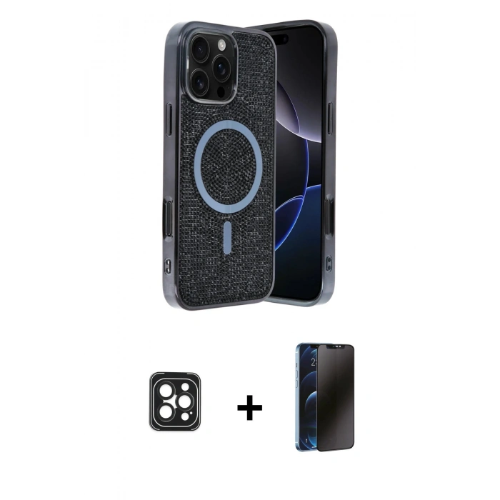 MARSİLYAN™- iPhone 16 Pro Max Kılıf Eksen Çizgi - Siyah 3D Antistatik Hayalet Cam Ekran Koruyucu + PVD Metal Kamera Lens - SH