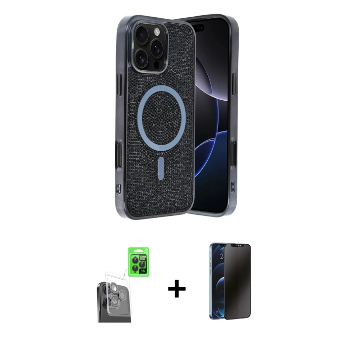 MARSİLYAN™- iPhone 16 Pro Max Kılıf Eksen Çizgi - Siyah 3D Antistatik Hayalet Cam Ekran Koruyucu + Raze Metal Kamera Lens - SH