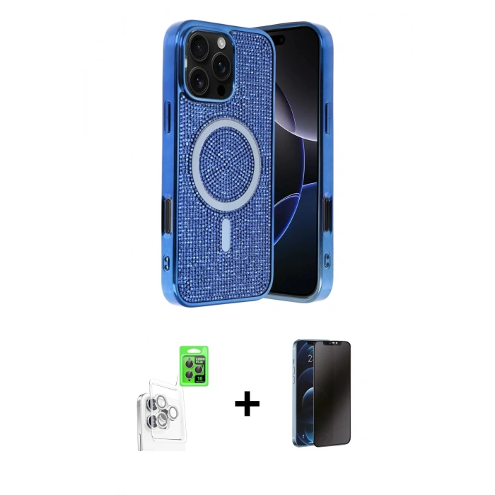MARSİLYAN™- iPhone 16 Pro Max Kılıf Eksen Çizgi - Siyah 3D Antistatik Hayalet Cam Ekran Koruyucu + Raze Metal Kamera Lens - BZ