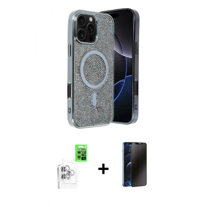 MARSİLYAN™- iPhone 16 Pro Max Kılıf Eksen Çizgi - Siyah 3D Antistatik Hayalet Cam Ekran Koruyucu + Raze Metal Kamera Lens - BZ