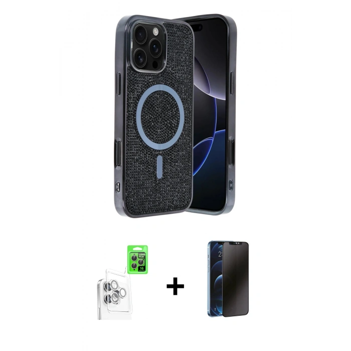 MARSİLYAN™- iPhone 16 Pro Max Kılıf Eksen Çizgi - Siyah 3D Antistatik Hayalet Cam Ekran Koruyucu + Raze Metal Kamera Lens - BZ