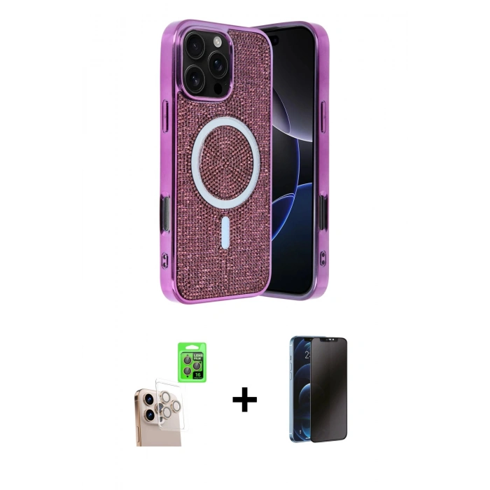 MARSİLYAN™- iPhone 16 Pro Max Kılıf Eksen Çizgi - Siyah 3D Antistatik Hayalet Cam Ekran Koruyucu + Raze Metal Kamera Lens - NLGY