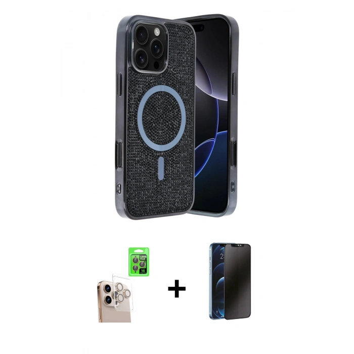 MARSİLYAN™- iPhone 16 Pro Max Kılıf Eksen Çizgi - Siyah 3D Antistatik Hayalet Cam Ekran Koruyucu + Raze Metal Kamera Lens - NLGY