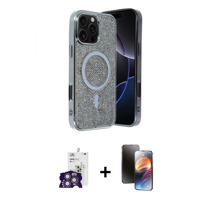 MARSİLYAN™- iPhone 16 Pro Max Kılıf Eksen Çizgi - Siyah 3D Antistatik Mat Seramik Nano Ekran Koruyucu + Gümüş Bilvis Titan Kamera Lens