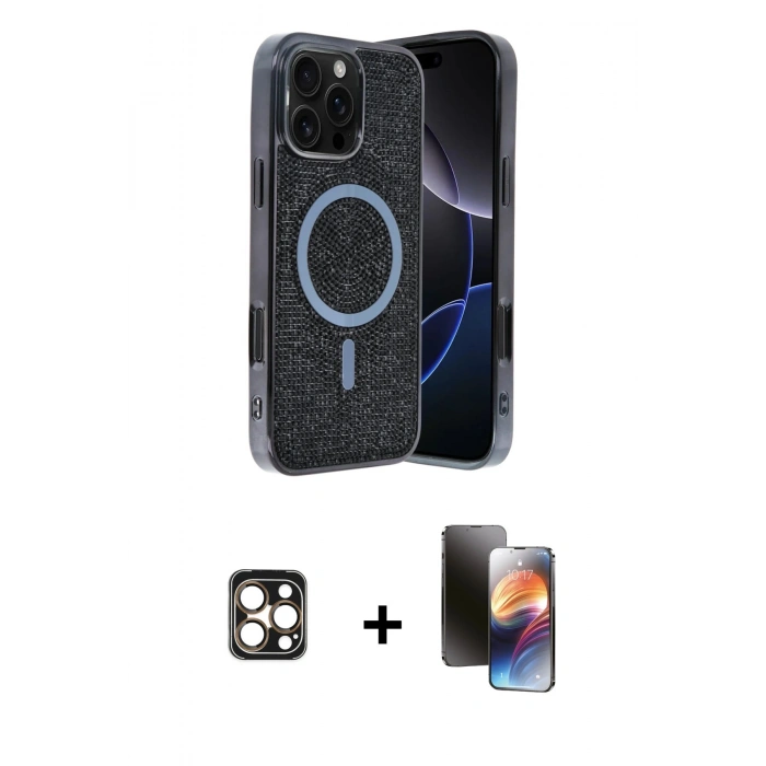 MARSİLYAN™- iPhone 16 Pro Max Kılıf Eksen Çizgi - Siyah 3D Antistatik Mat Seramik Nano Ekran Koruyucu + PVD Metal Kamera Lens - GD