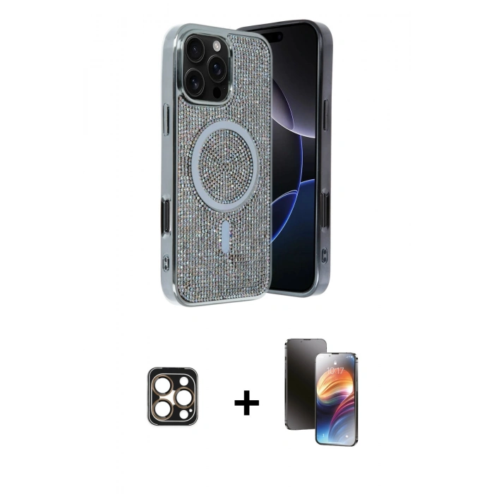 MARSİLYAN™- iPhone 16 Pro Max Kılıf Eksen Çizgi - Siyah 3D Antistatik Mat Seramik Nano Ekran Koruyucu + PVD Metal Kamera Lens - GD