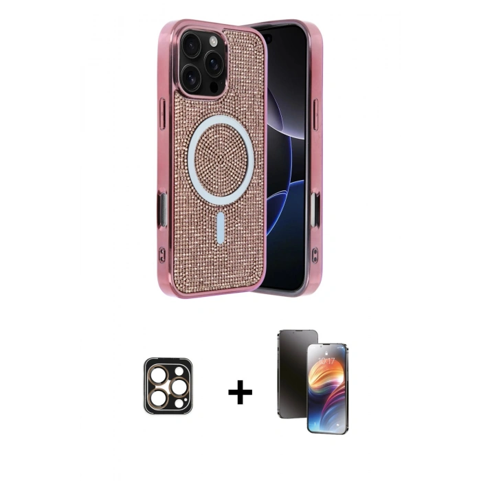 MARSİLYAN™- iPhone 16 Pro Max Kılıf Eksen Çizgi - Siyah 3D Antistatik Mat Seramik Nano Ekran Koruyucu + PVD Metal Kamera Lens - GD