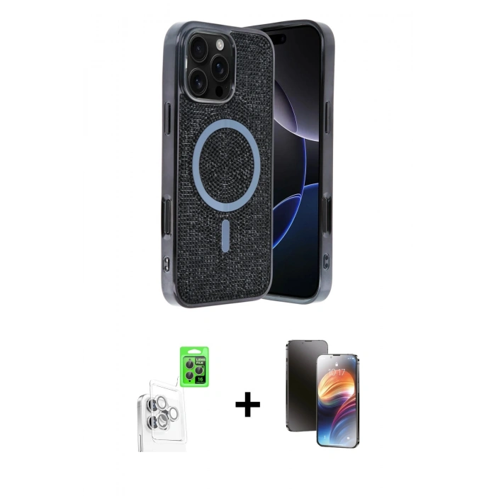 MARSİLYAN™- iPhone 16 Pro Max Kılıf Eksen Çizgi - Siyah 3D Antistatik Mat Seramik Nano Ekran Koruyucu + Raze Metal Kamera Lens - BZ