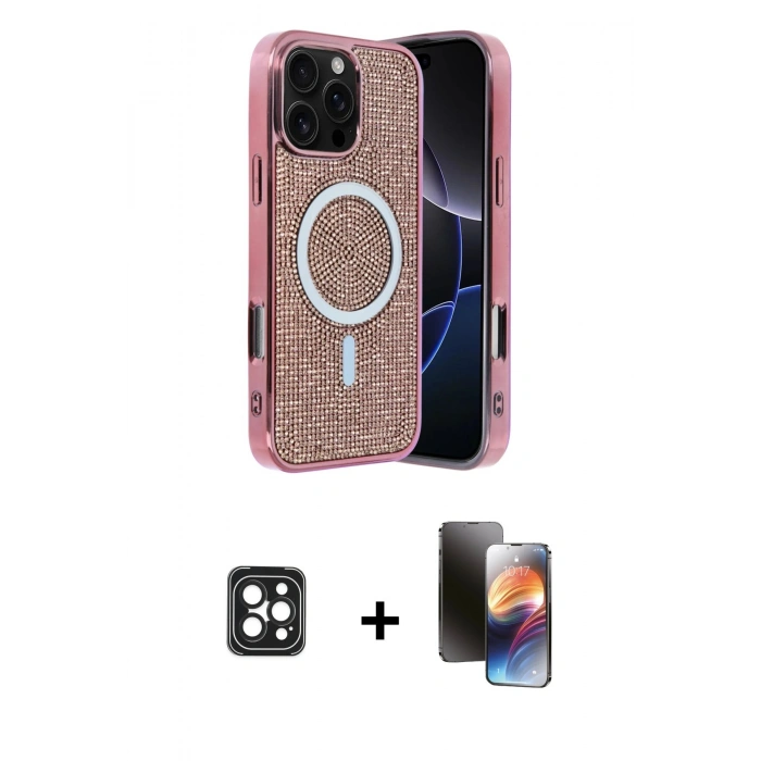 MARSİLYAN™- iPhone 16 Pro Max Kılıf Eksen Çizgi - Siyah 3D Antistatik Mat Seramik Nano Ekran Koruyucu + PVD Metal Kamera Lens - SH