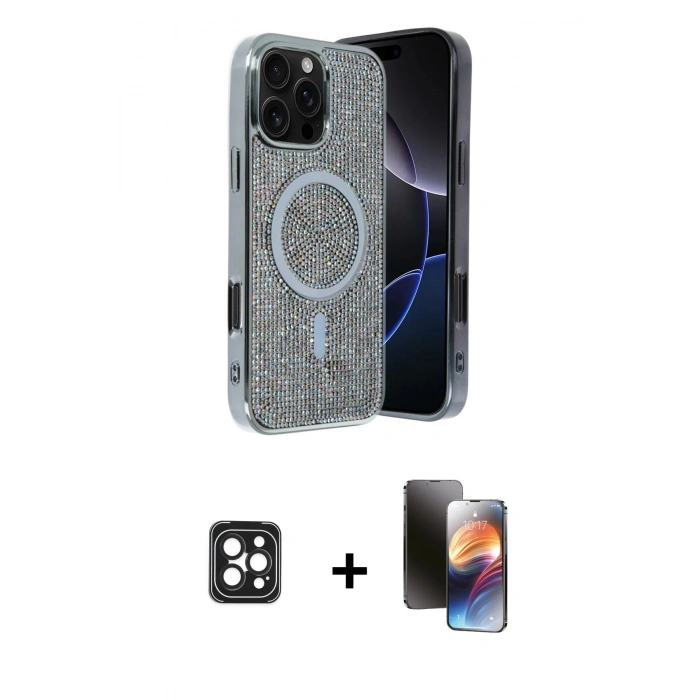 MARSİLYAN™- iPhone 16 Pro Max Kılıf Eksen Çizgi - Siyah 3D Antistatik Mat Seramik Nano Ekran Koruyucu + PVD Metal Kamera Lens - SH