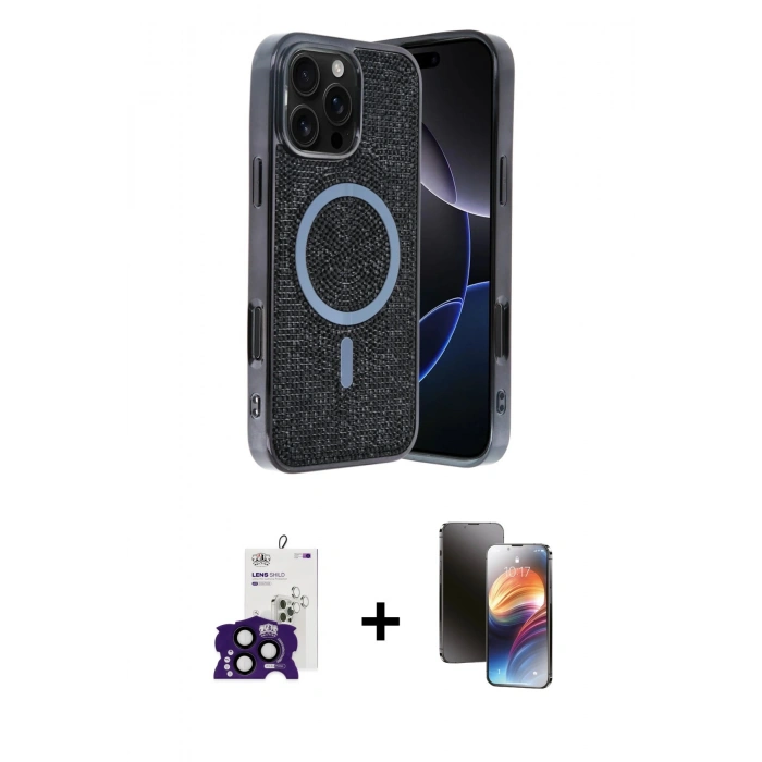 MARSİLYAN™- iPhone 16 Pro Max Kılıf Eksen Çizgi - Siyah 3D Antistatik Mat Seramik Nano Ekran Koruyucu + Siyah Bilvis Titan Kamera Lens