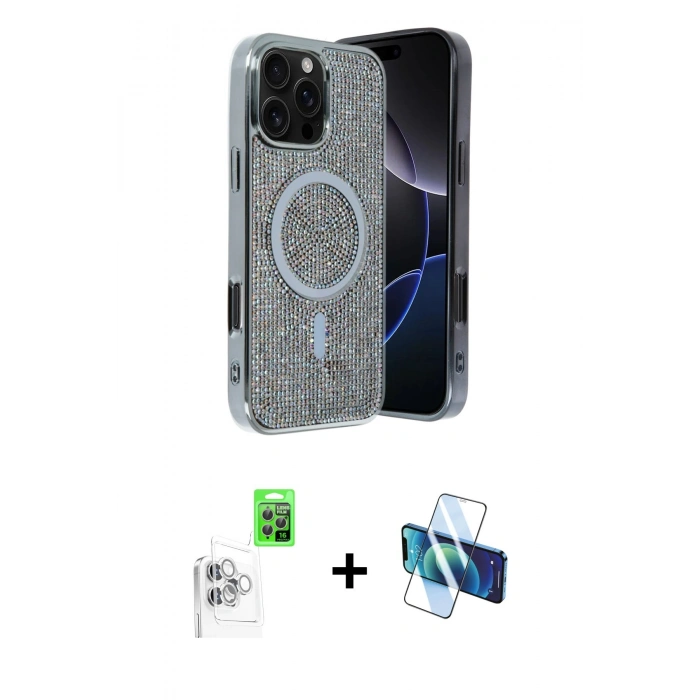 MARSİLYAN™- iPhone 16 Pro Max Kılıf Eksen Çizgi - Siyah 3D Antistatik Seramik Nano Ekran Koruyucu + Raze Metal Kamera Lens - BZ