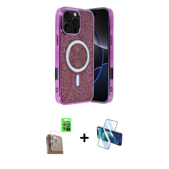 MARSİLYAN™- iPhone 16 Pro Max Kılıf Eksen Çizgi - Siyah 3D Antistatik Seramik Nano Ekran Koruyucu + Raze Metal Kamera Lens - CLTM